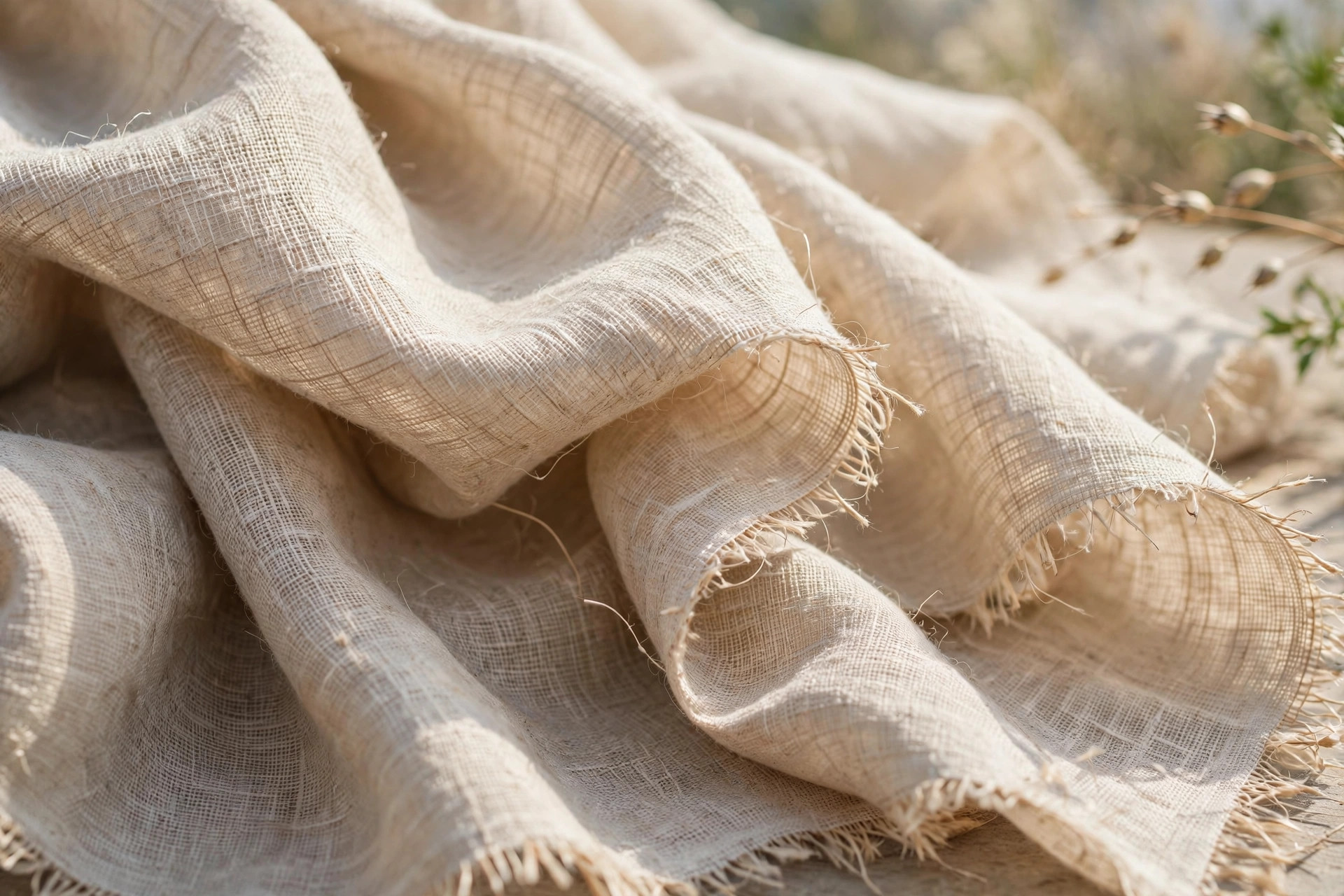 Natural beige linen fabric with a visible woven texture and subtle slubs