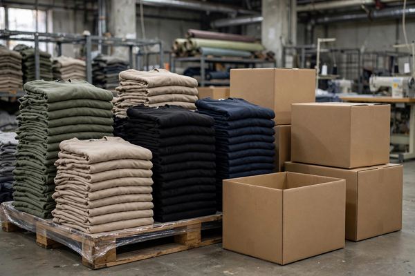 Stacks of folded garments ready for shipment in a clothing factory
