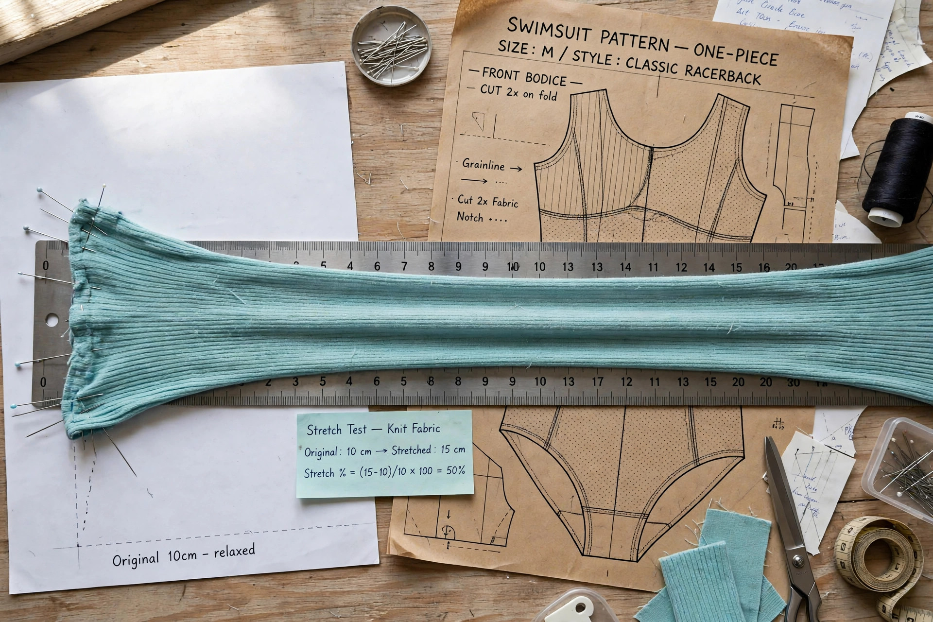 Stretch knit fabric being measured for stretch percentage beside a swimsuit pattern