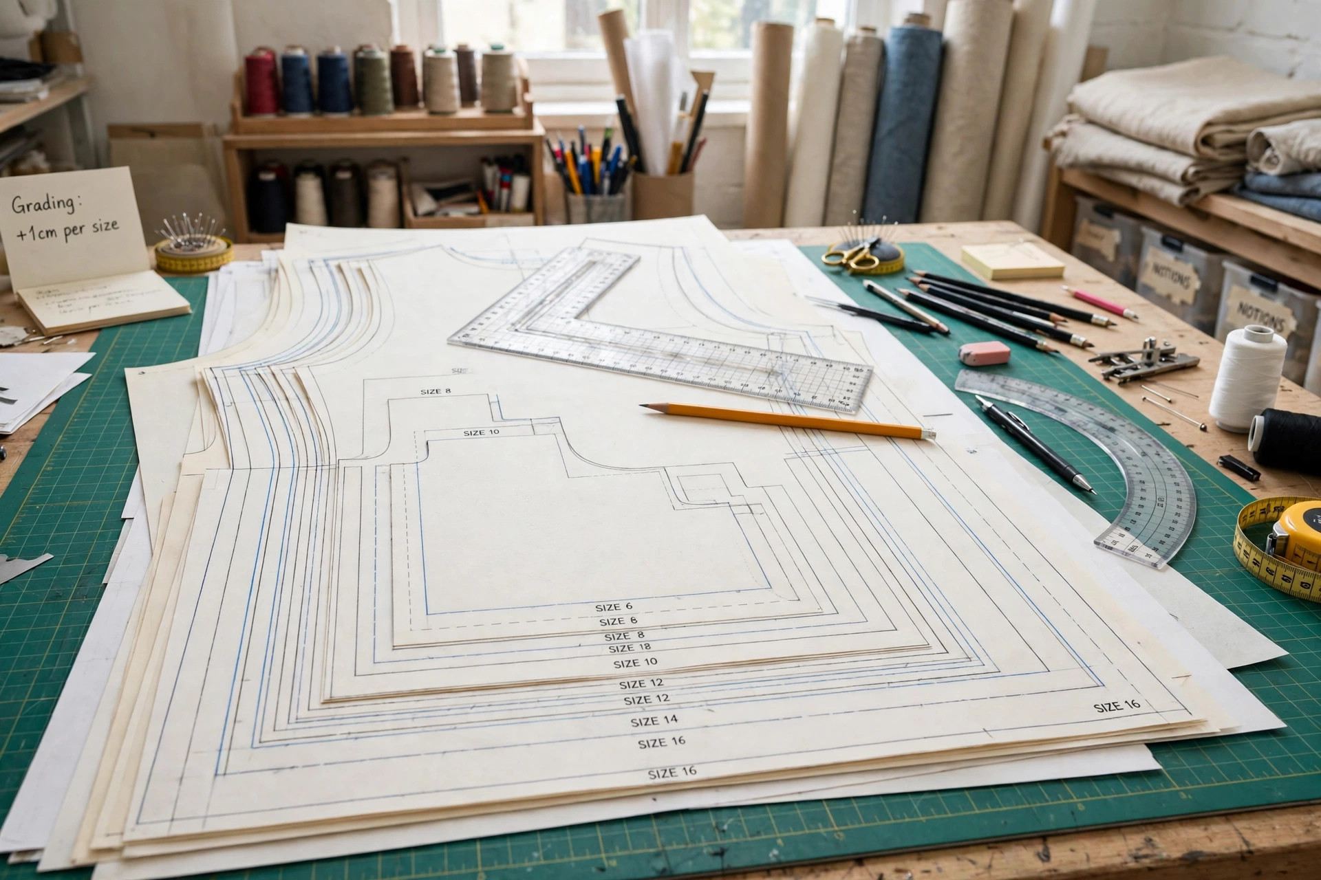 Pattern pieces in several sizes nested together on a grading table with rulers