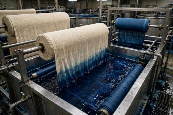Rolls of woven fabric being dyed in a dye bath