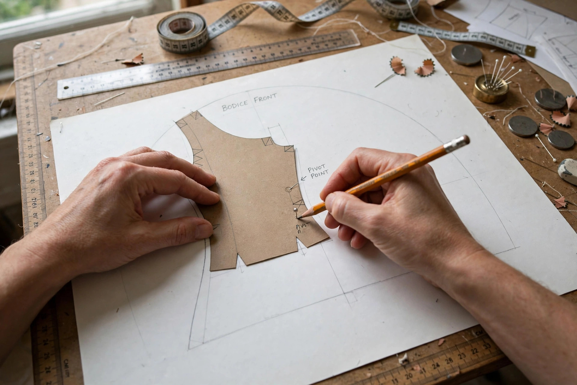Pattern maker rotating a bodice pattern pinned at the bust point on paper
