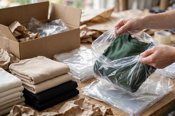 Folded clothes being placed into clear polybags