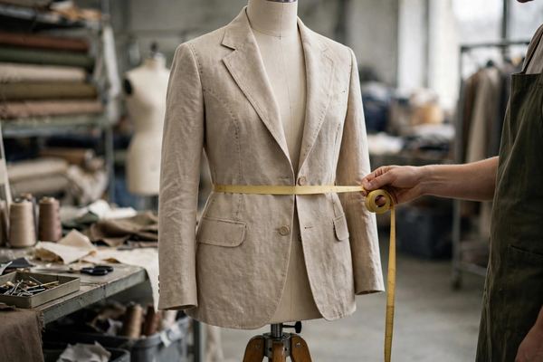 Sample garment on dress form being inspected with measuring tape