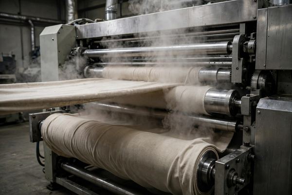 Fabric passing through a steam shrinking machine