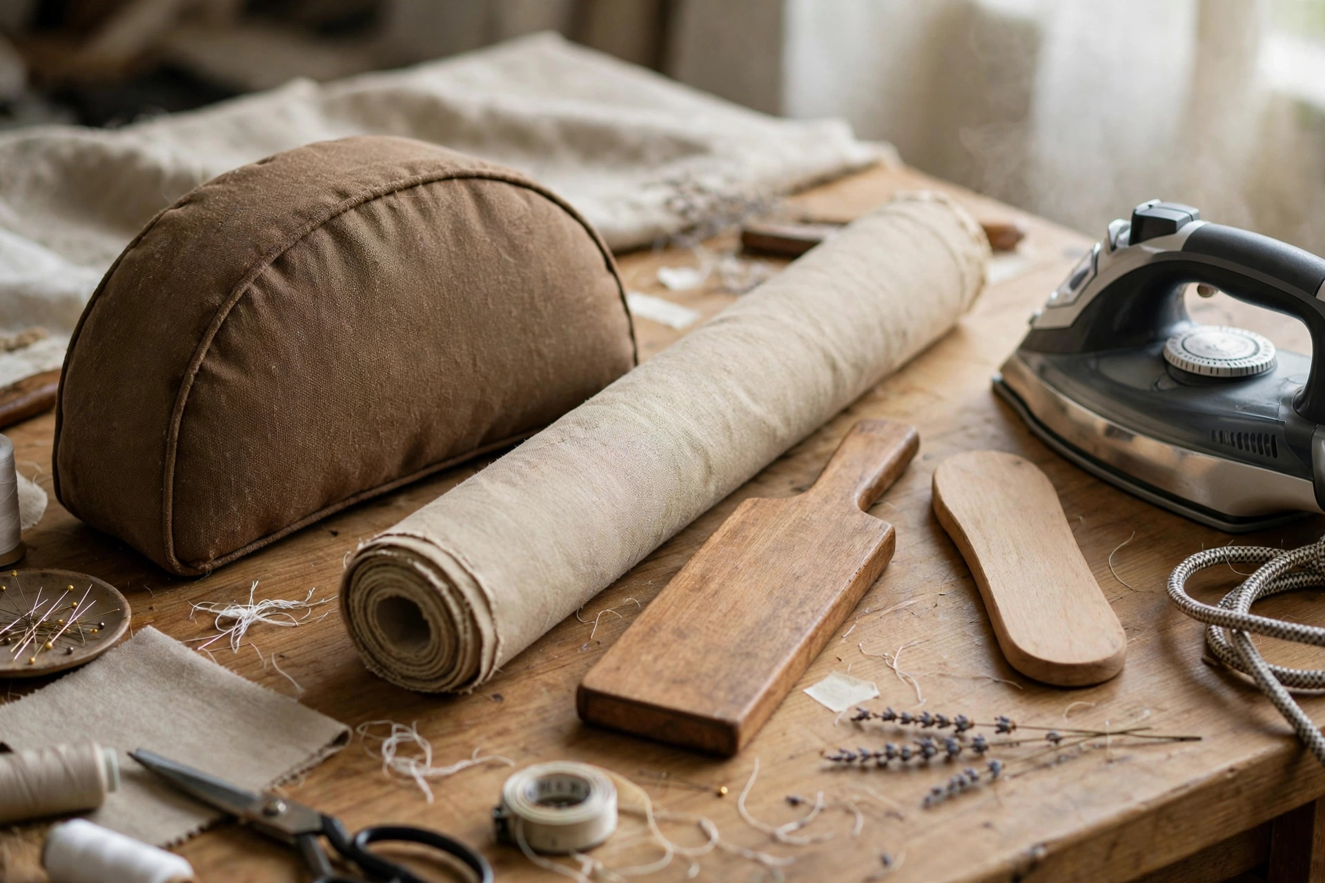 Tailor's ham, seam roll, wooden clapper and sleeve board arranged beside an iron