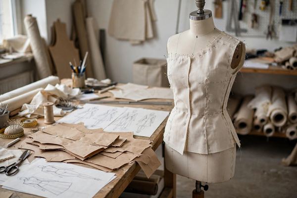 First prototype garment on a dress form with pattern pieces
