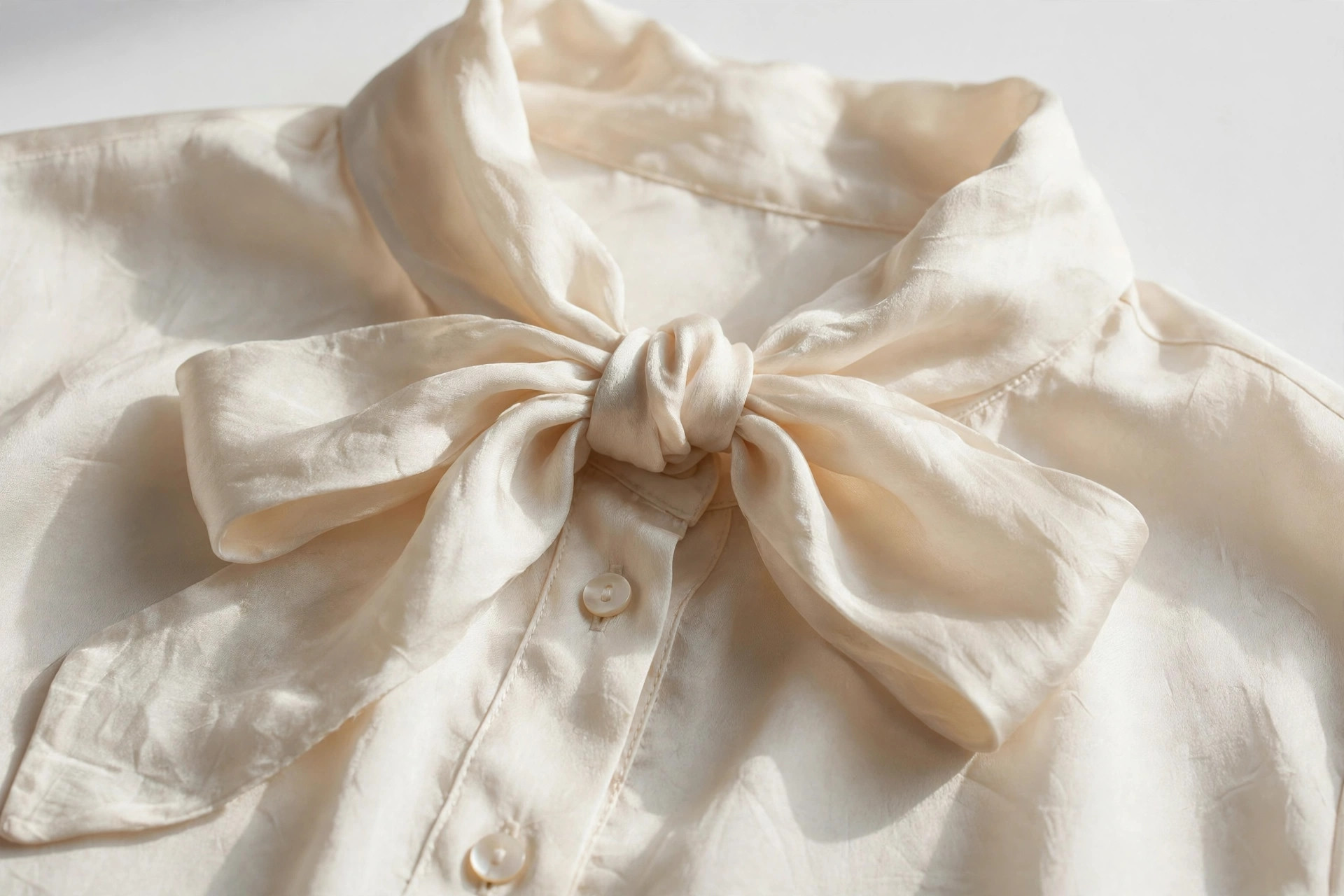 Close-up of a pussy-bow collar tied in a soft bow on a silk blouse
