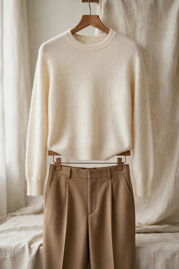 Understated luxury outfit with cashmere sweater and tailored trousers in neutral tones