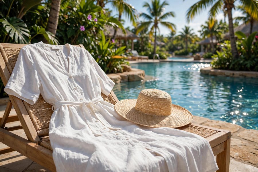 Elegant resort wear linen dress and wide-brim hat by a tropical poolside