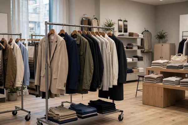 Rack of sample garments in a fashion showroom