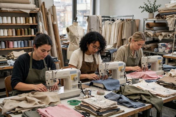 Seamstresses sewing samples in a fashion sample room