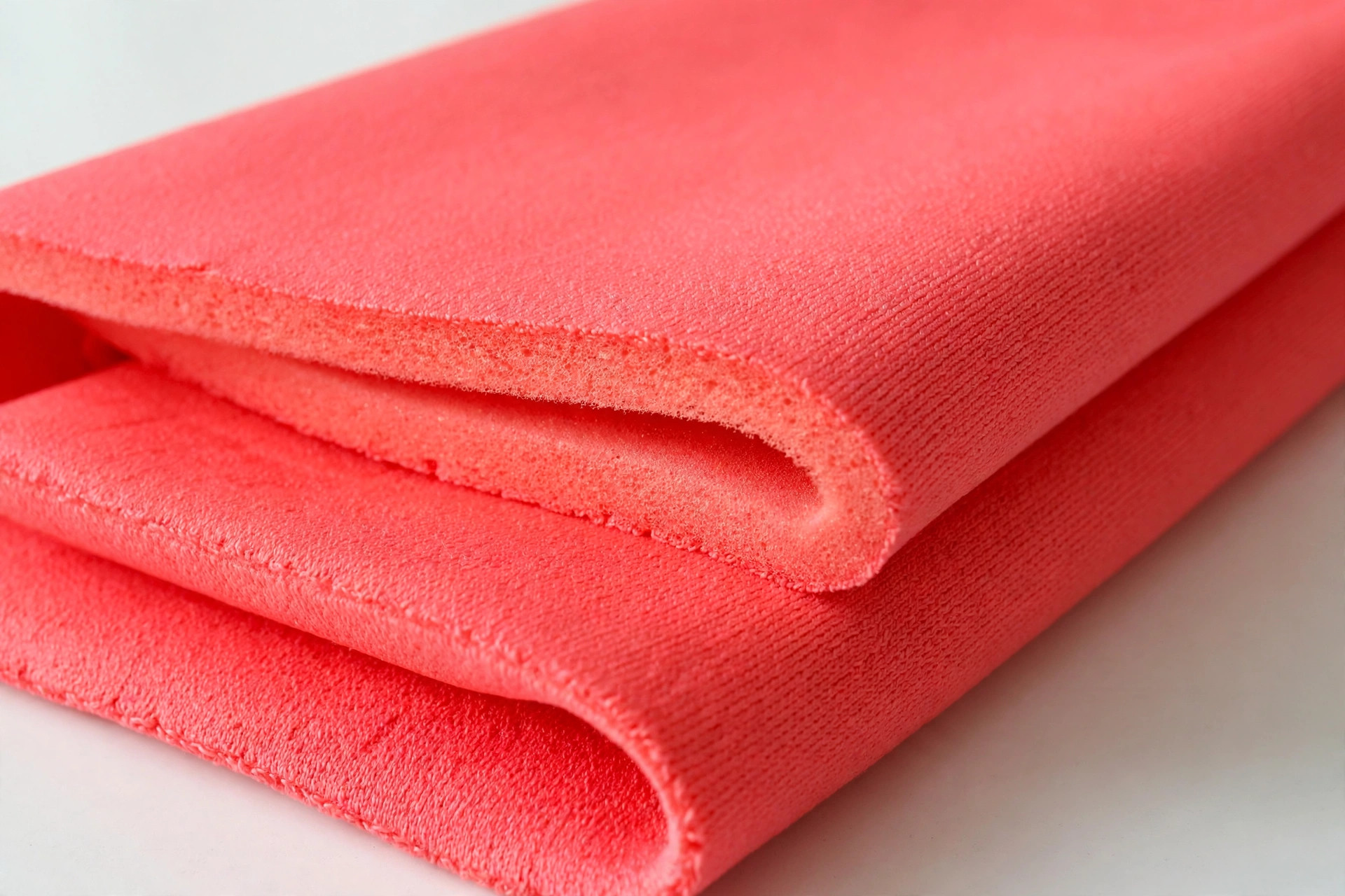 Bright coral scuba knit fabric with smooth surface and spongy body, cut edge showing thickness