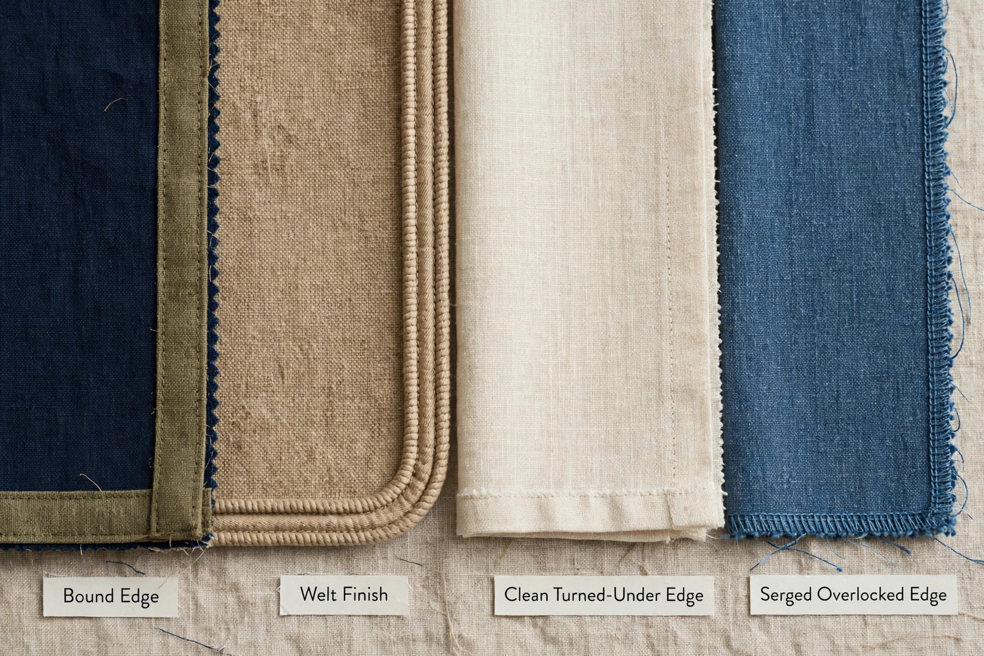 Samples of bound, welt, clean and serged seam finishes side by side on fabric