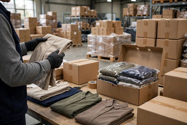 Cartons of finished garments being inspected before export