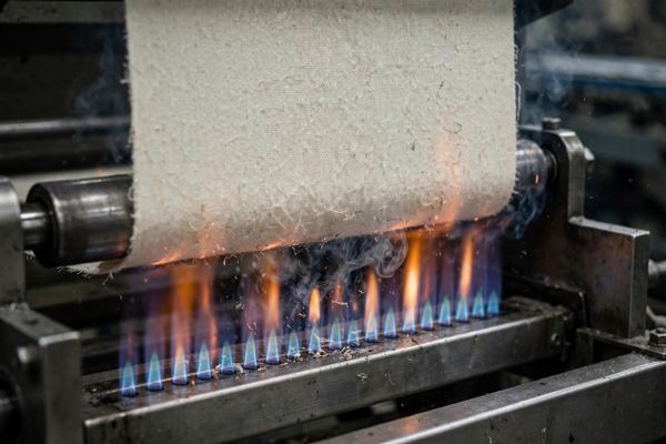 Fabric passing over a gas flame in singeing