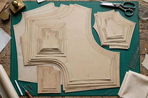 Graded pattern pieces in multiple sizes nested on a cutting table