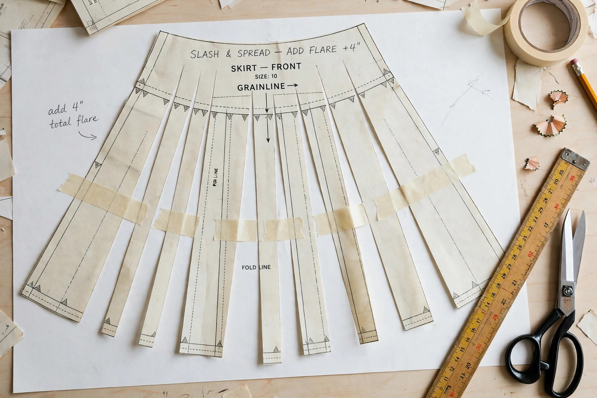Pattern paper slashed and spread open on a work table with tape and rulers