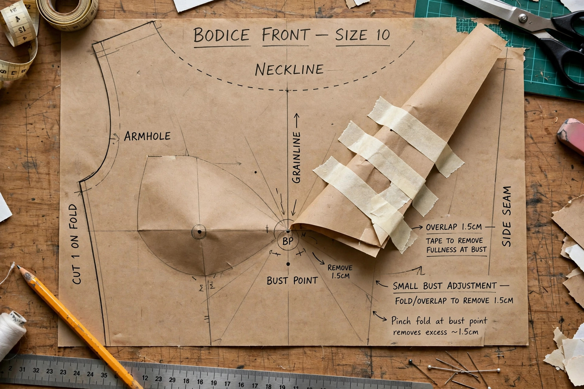 Pattern front overlapped at the bust point to remove fullness, taped on paper