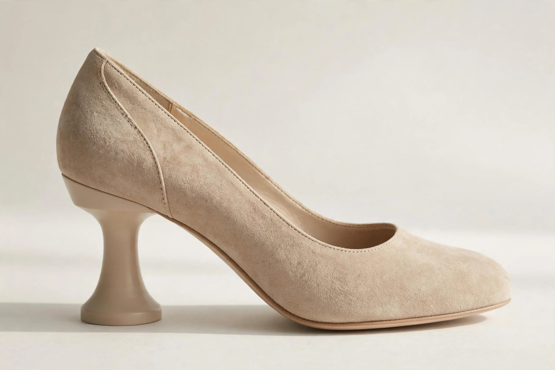 Side view of a women's shoe with a spool heel wide at the top and base with a pinched-in waist in the middle