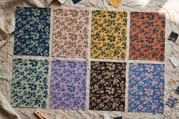 Fabric swatches with different print color variations for approval