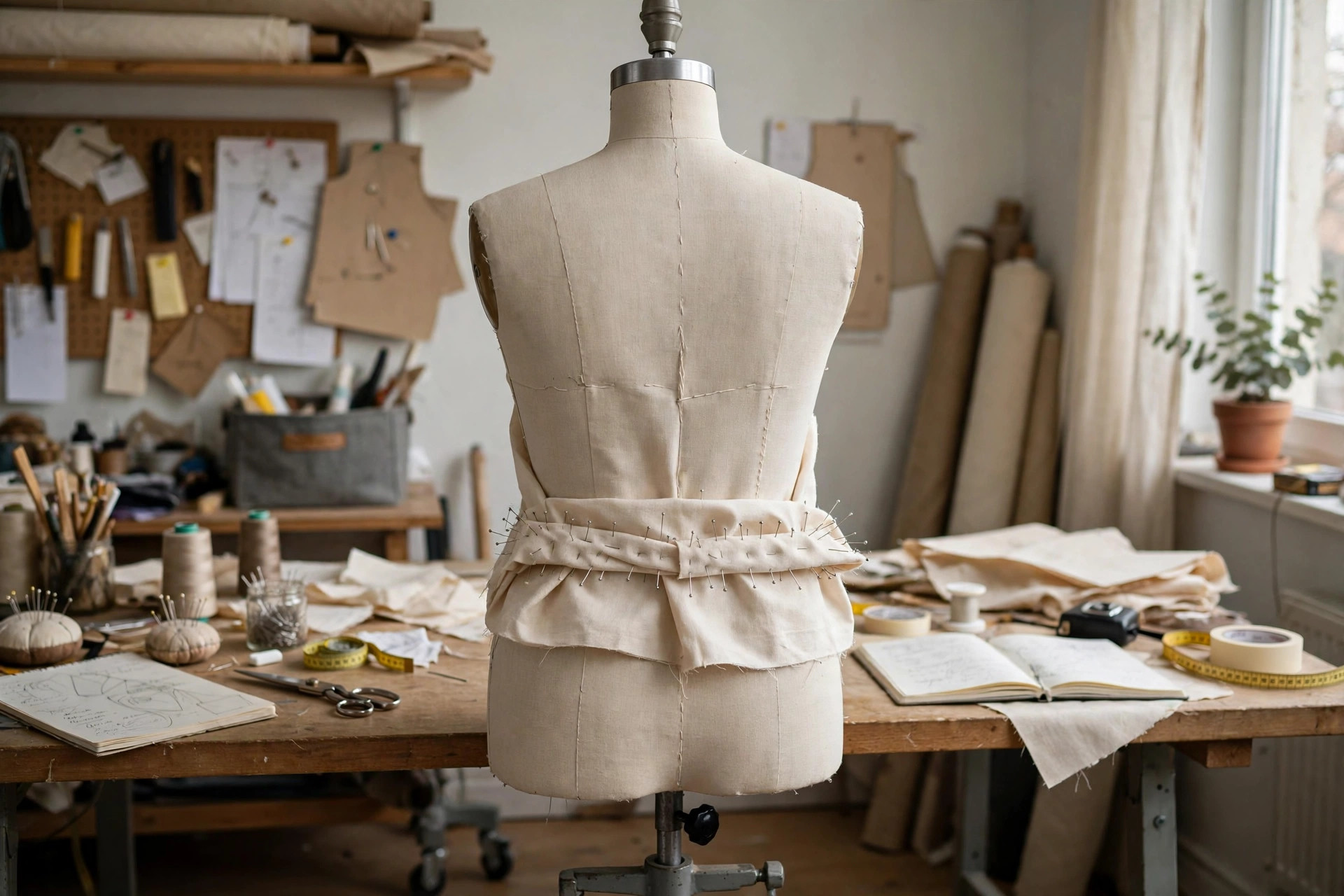 Fitter pinching a horizontal fold out of a muslin back at the waist on a dress form