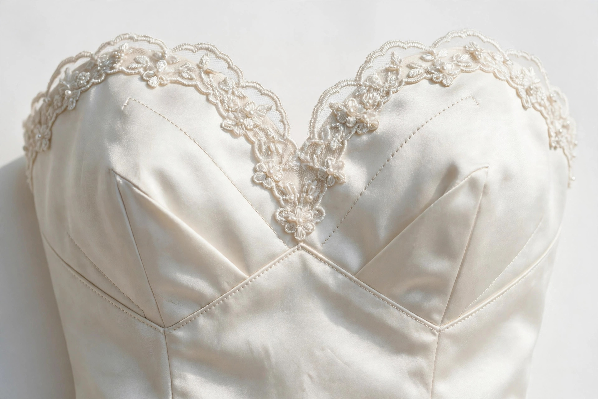 Close-up of a sweetheart neckline shaped like the top of a heart on a formal dress bodice