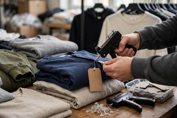 Price tickets being attached to finished clothing