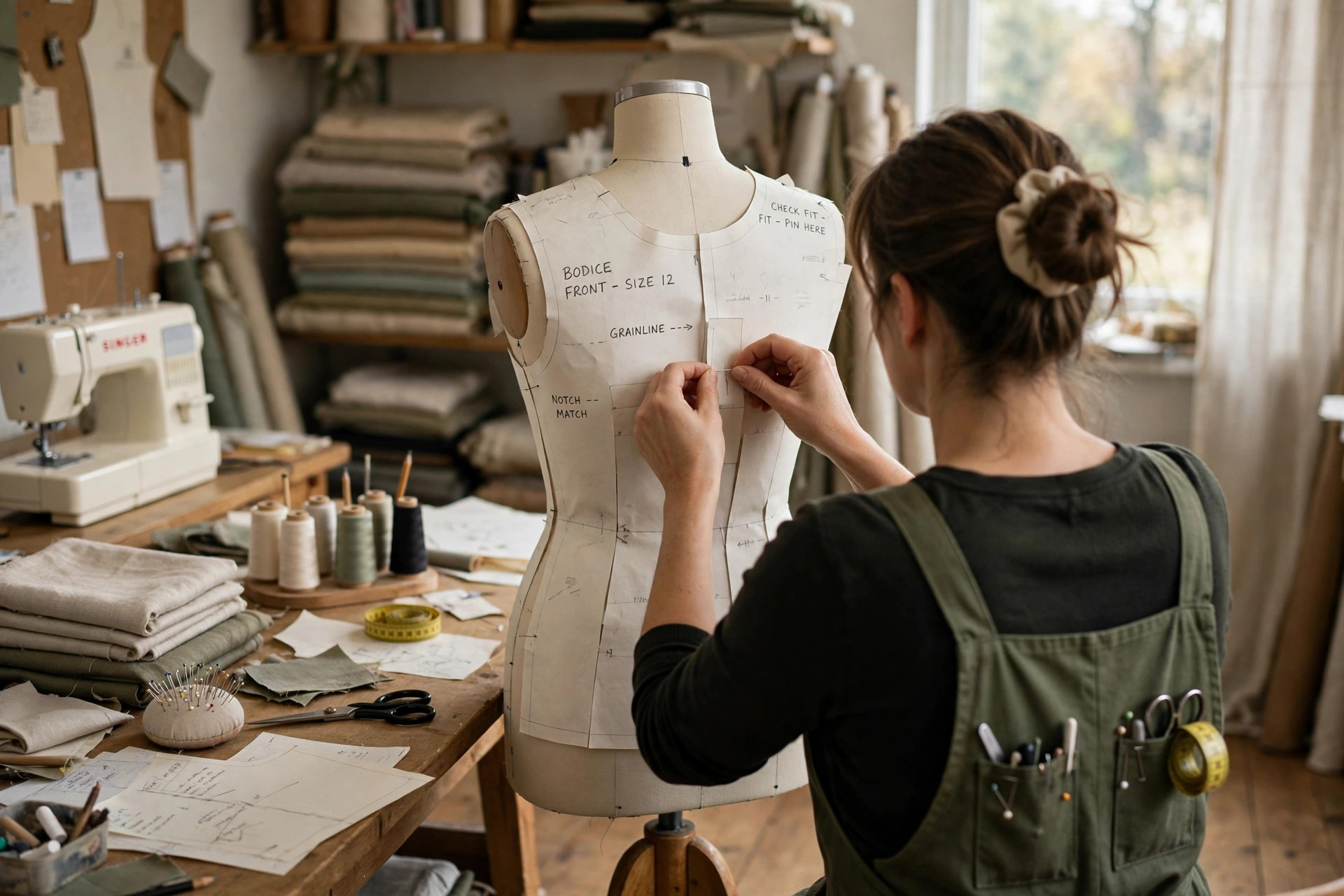 Sewist pinning a paper tissue pattern together on a dress form to check fit