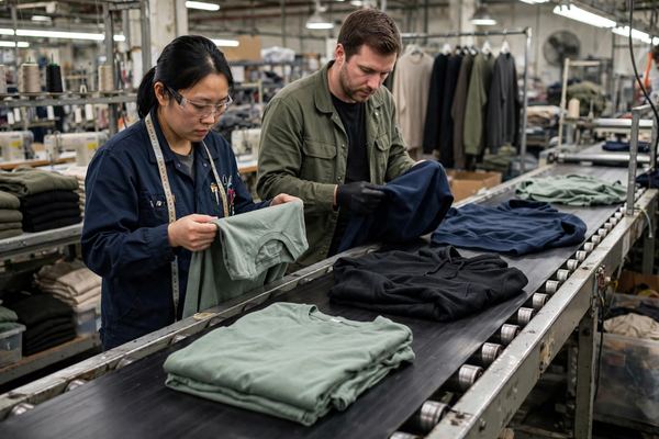 Garments on a factory production line being quality checked