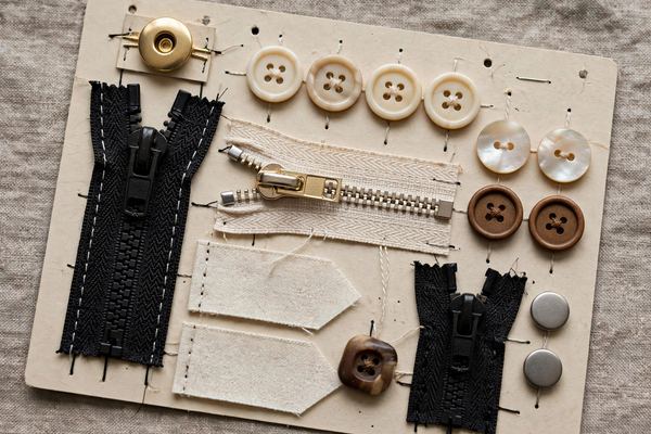 Buttons, zippers and labels mounted on a reference card