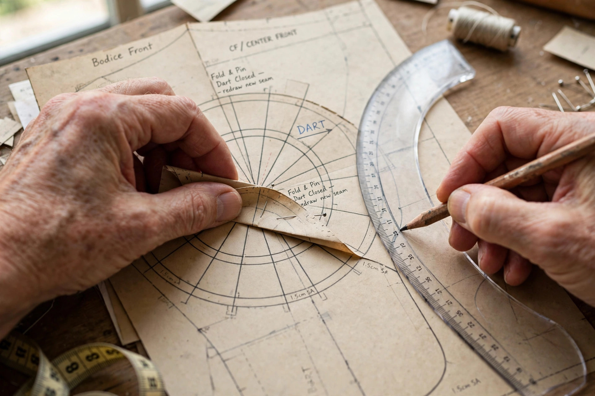 Pattern maker folding a dart closed and redrawing a seam line with a curve ruler