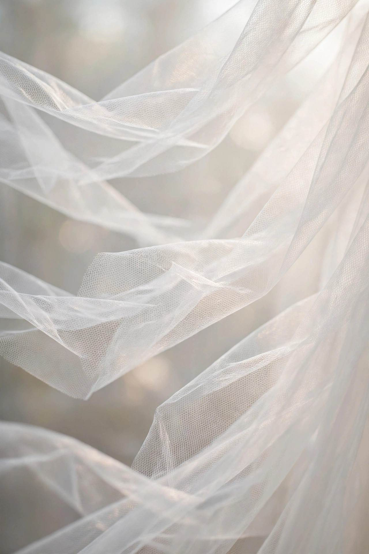 Layers of soft ivory tulle netting gathered into gentle folds