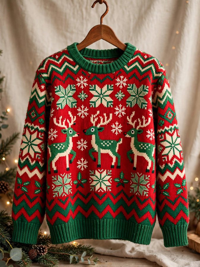 Festive ugly Christmas sweater with reindeer, snowflakes and bold holiday patterns
