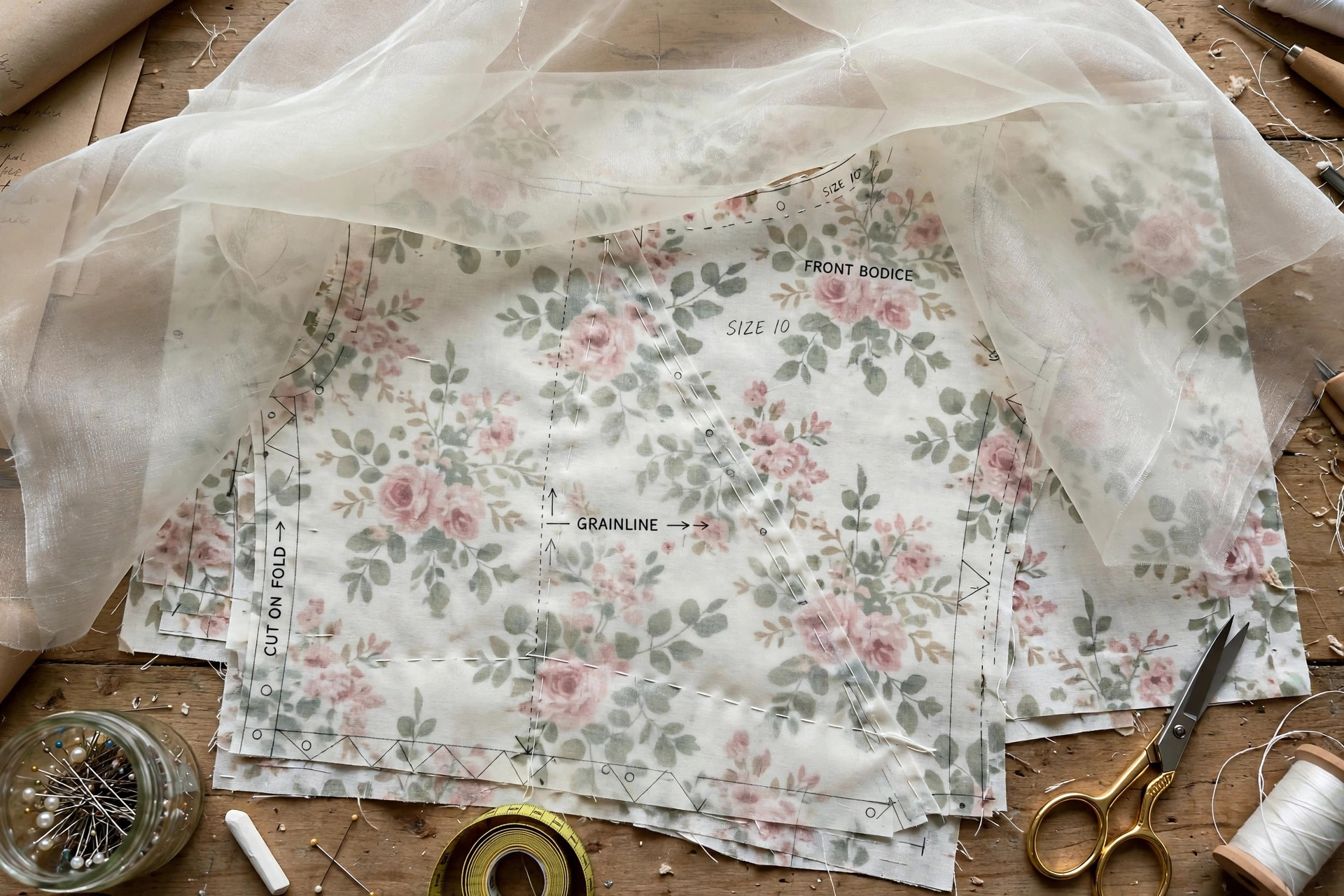 Silk organza underlining basted to a fashion fabric pattern piece