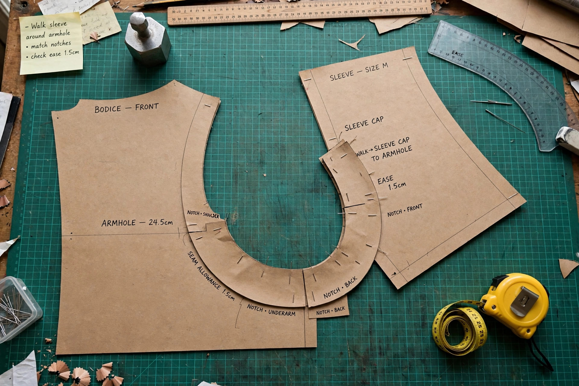 Pattern maker walking a sleeve pattern around an armhole to check the seam match