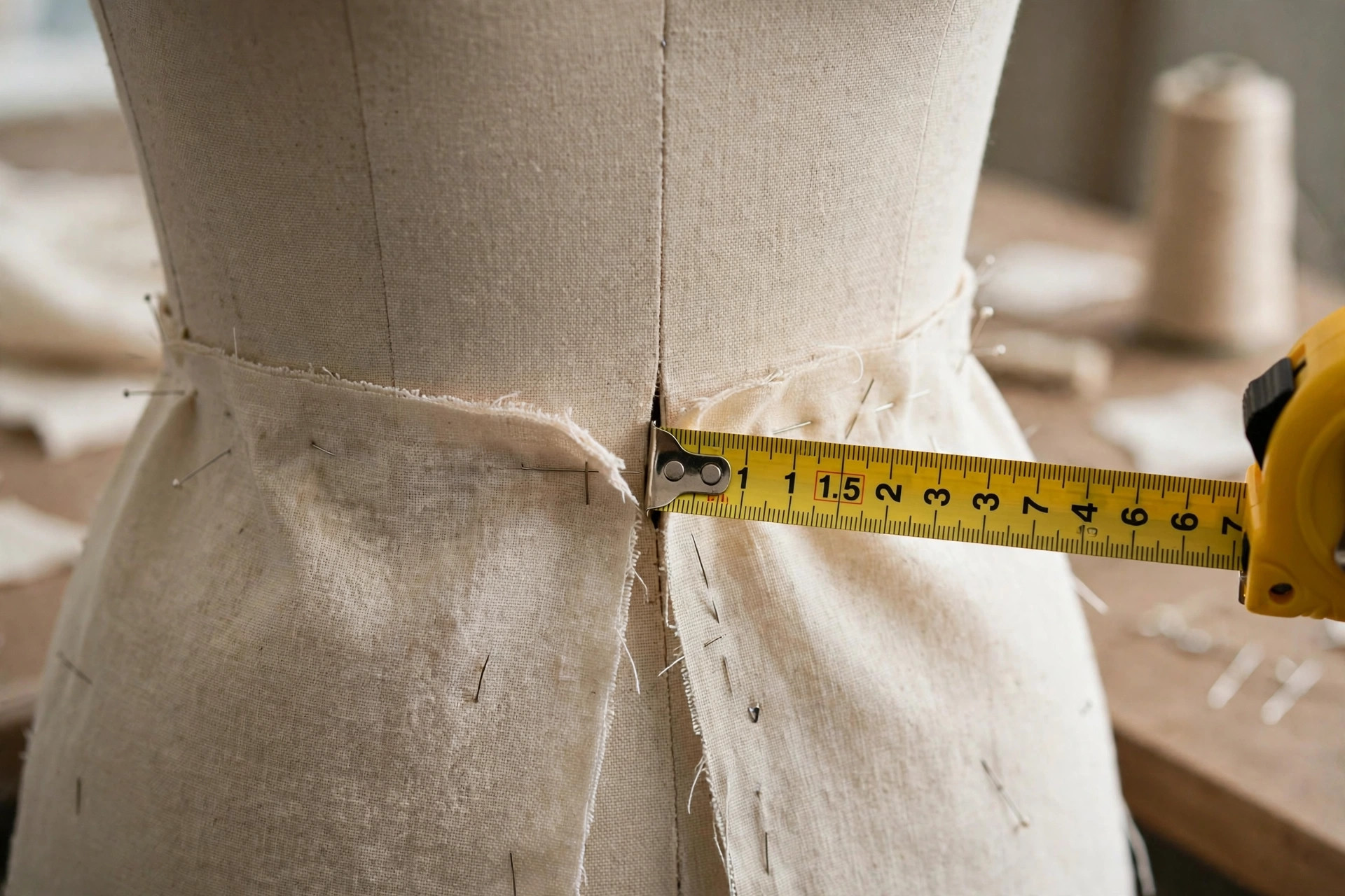 Measuring the gap between body and garment at the waist of a fitting muslin