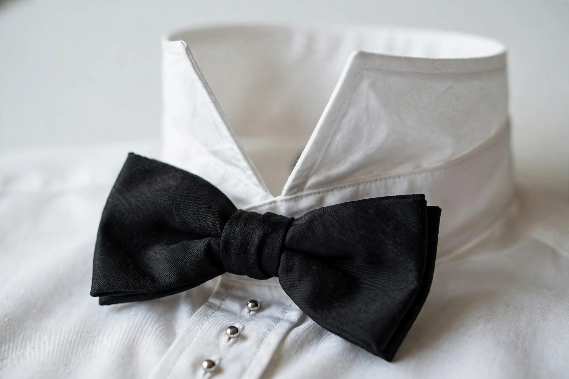 Close-up of a stiff wing collar on a formal dress shirt with bow tie
