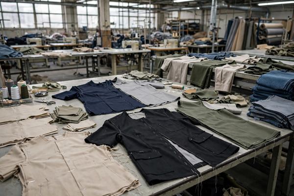 Partially completed garments at stages on a production line