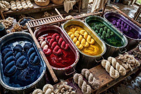 Skeins of yarn in colorful dye vats