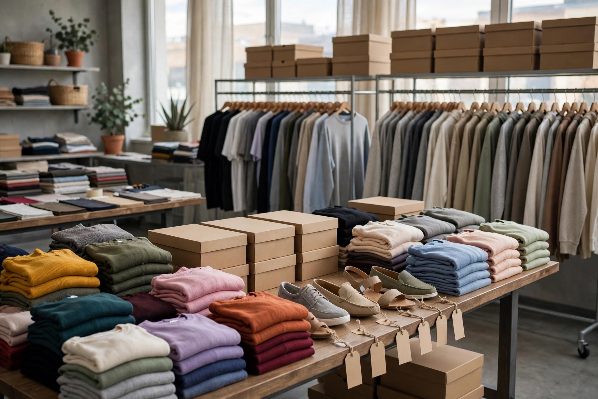 A discount retail buying office with folded apparel stacks in many colors, hanging clothing racks with plain garments, shoe boxes and product samples arranged neatly on tables, no people