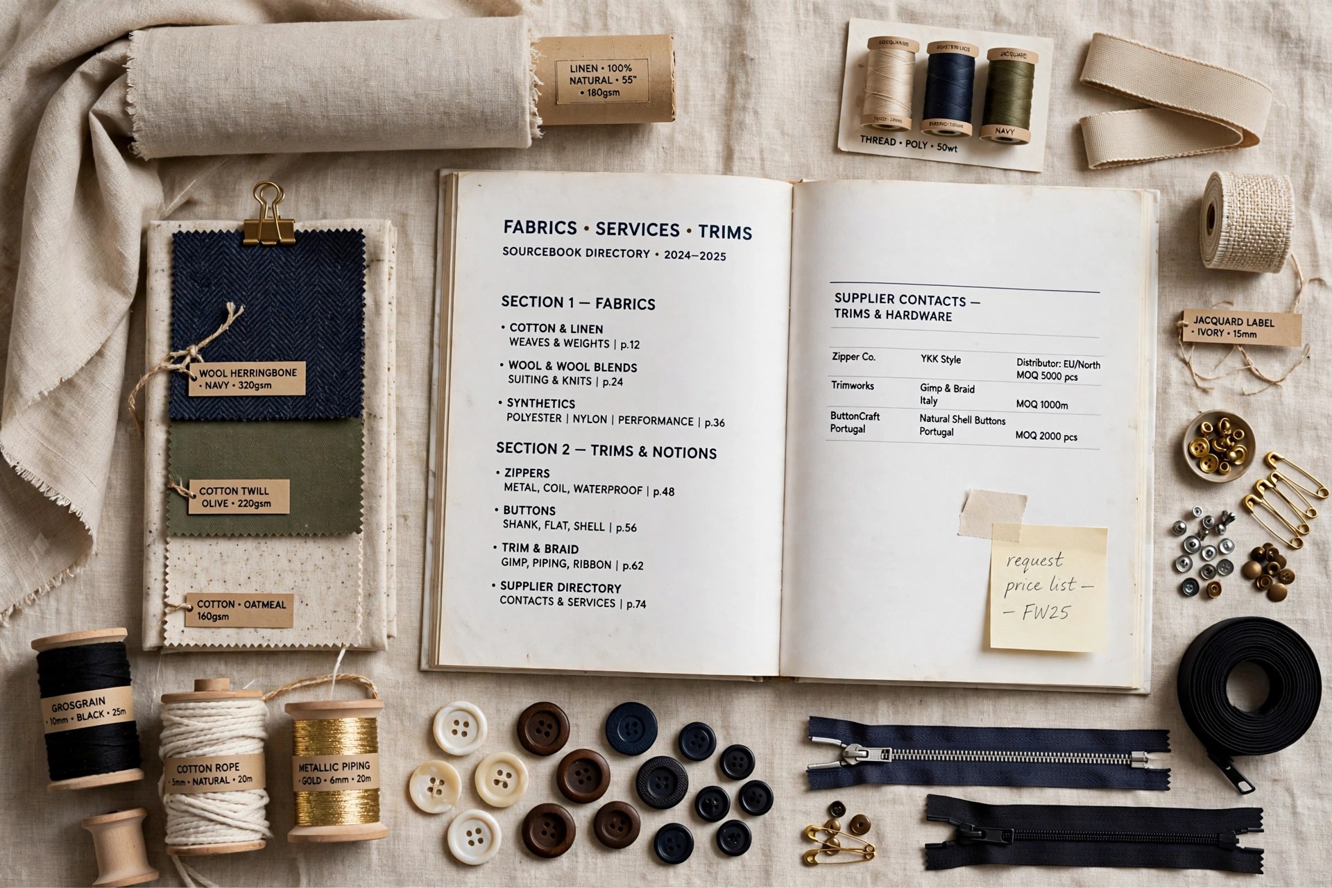A flat-lay of apparel fabric swatches and bolts, spools of trim, buttons, zippers and notions arranged beside an open fabrics services and trims sourcebook directory, no people