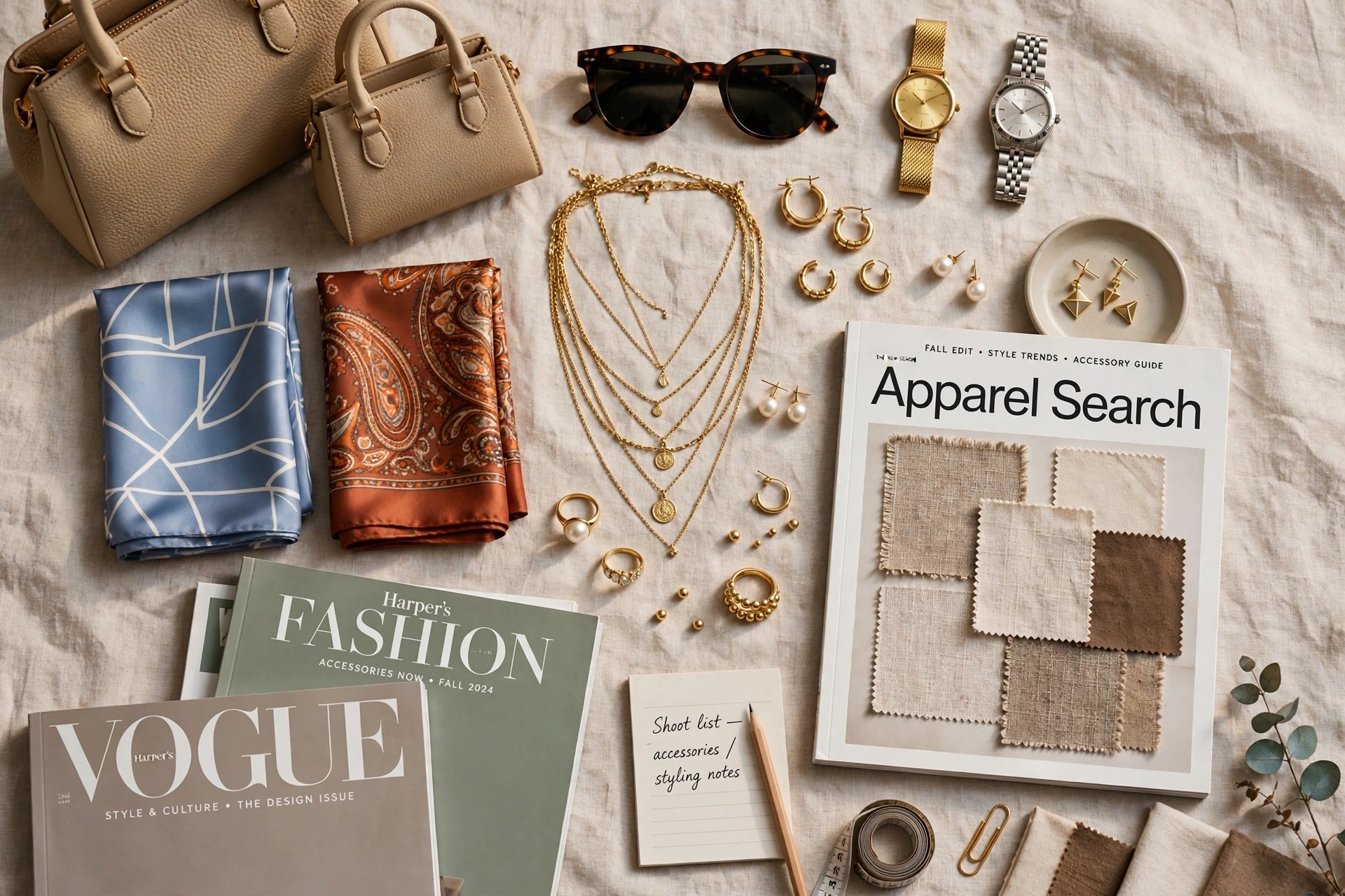 Handbags, sunglasses, scarves, watches and jewelry arranged beside fashion magazines on an editorial desk, product photography with no people