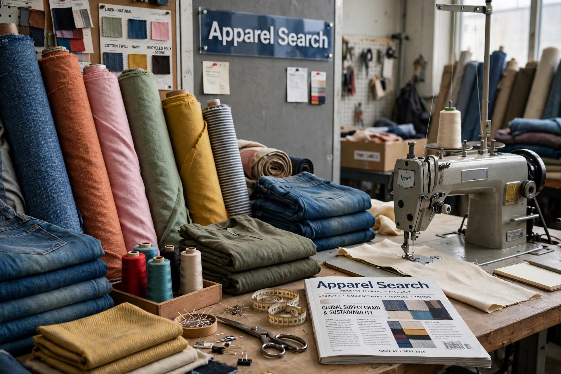 Rolls of colorful textiles, folded garments and a sewing workstation beside an industry magazine, product photography