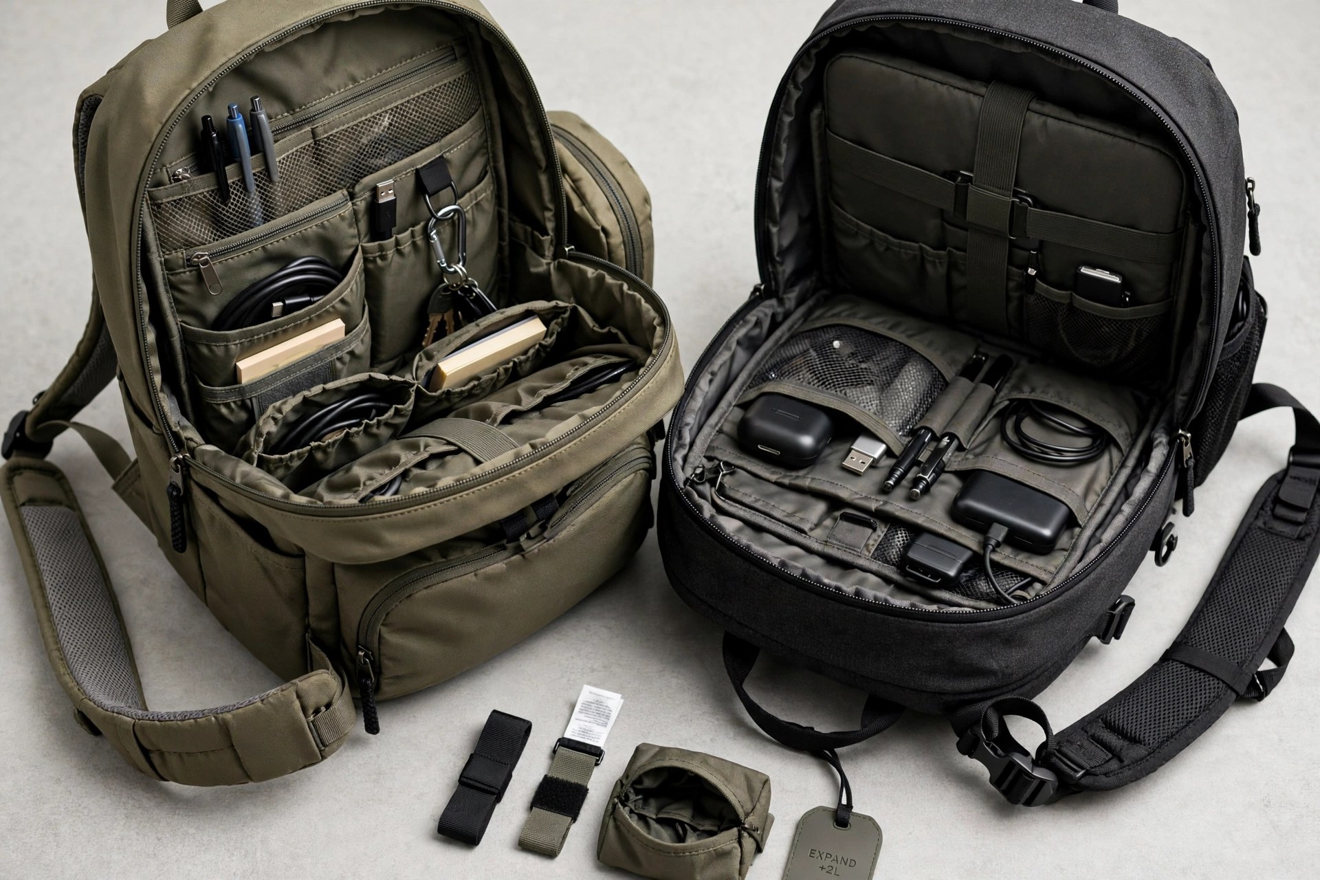 Colorful casual backpacks and school bags displayed on studio shelves with a trade report binder, product photography with no people