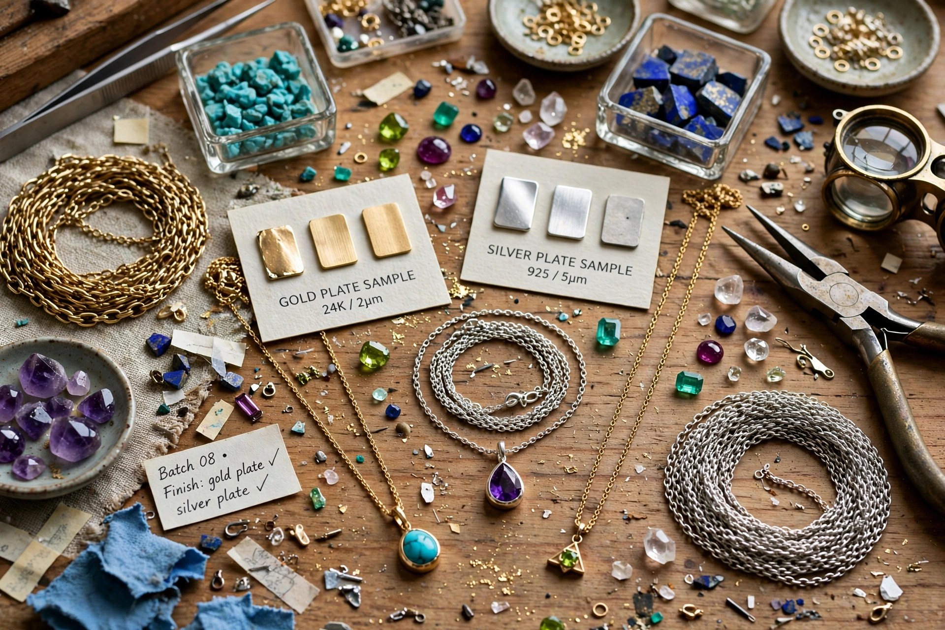 Costume jewelry necklaces, chokers, earrings and bracelets displayed on studio stands, product photography with no people