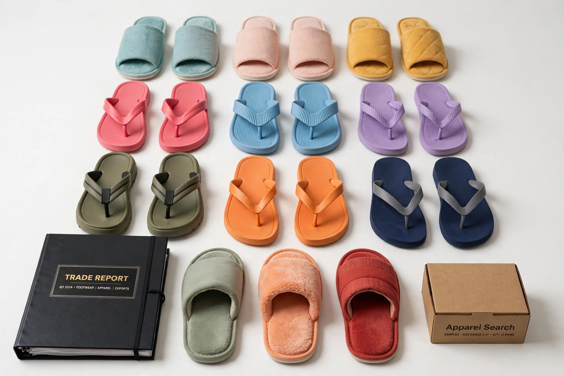 Rows of colorful slippers and flip-flops arranged flat on a clean studio surface, product photography with no people