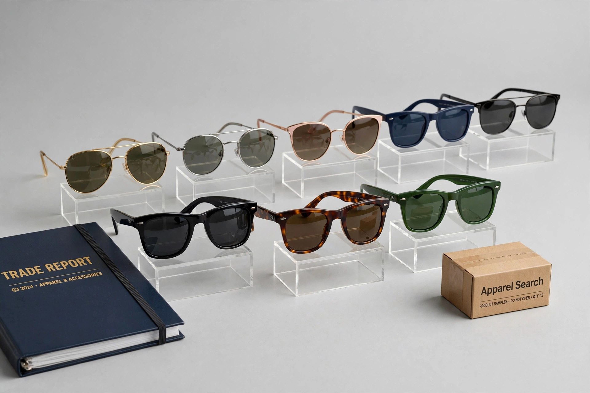 Sunglasses with plastic, metal and titanium frames displayed in rows on studio stands, product photography with no people