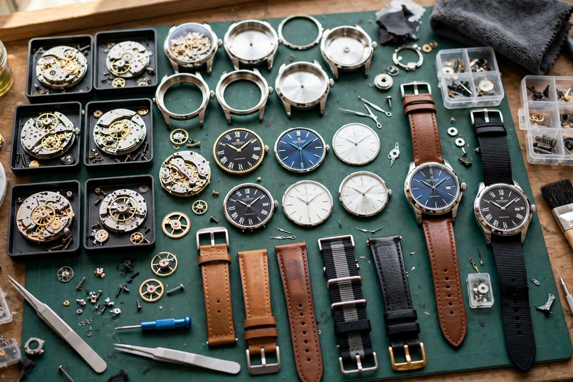 Wristwatches with metal bands and leather straps displayed in a row on a studio surface, product photography with no people
