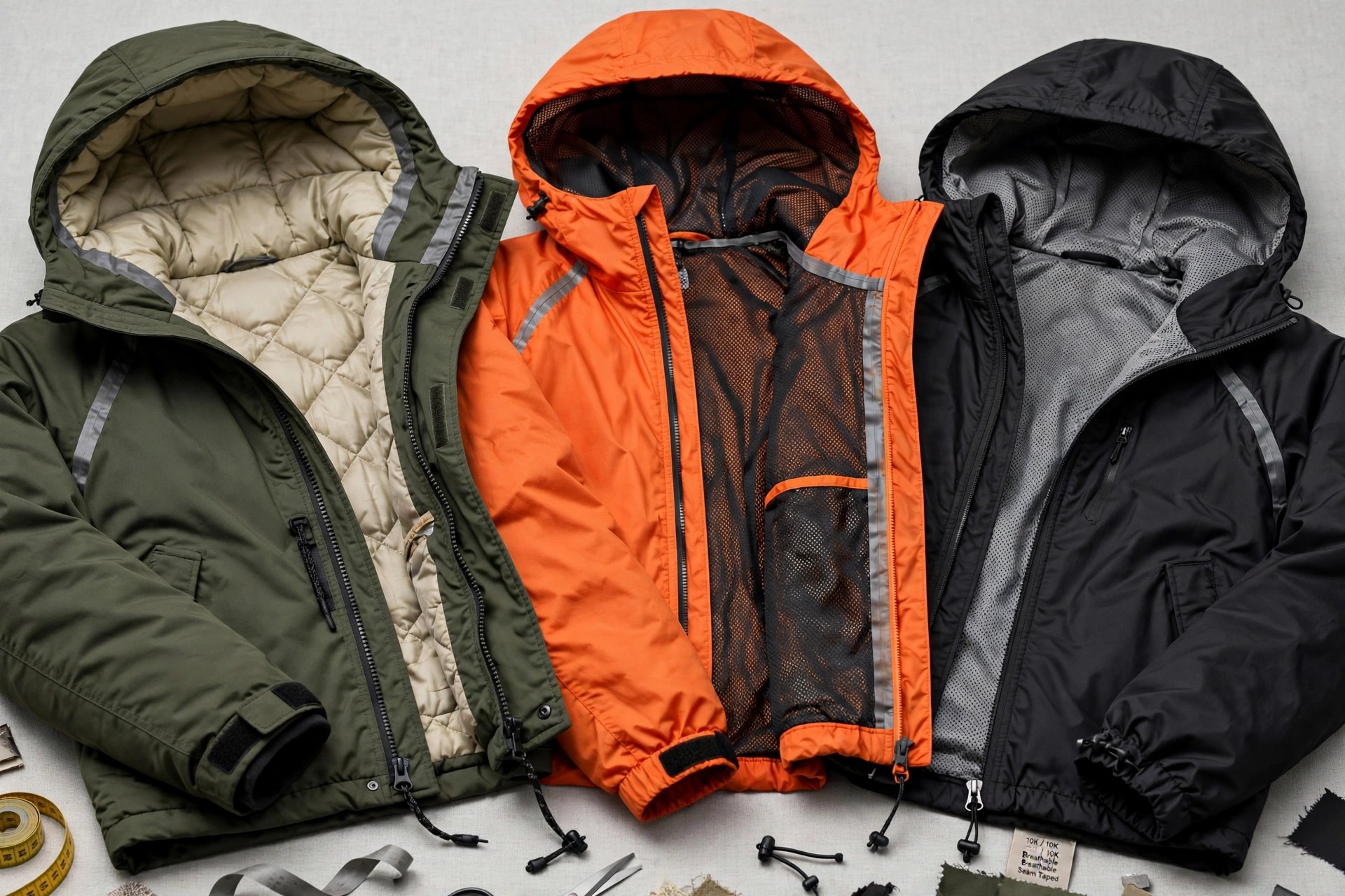 Parkas and windbreaker jackets in bright outdoor colors hanging in a row with hoods and zippers visible, product photography with no people